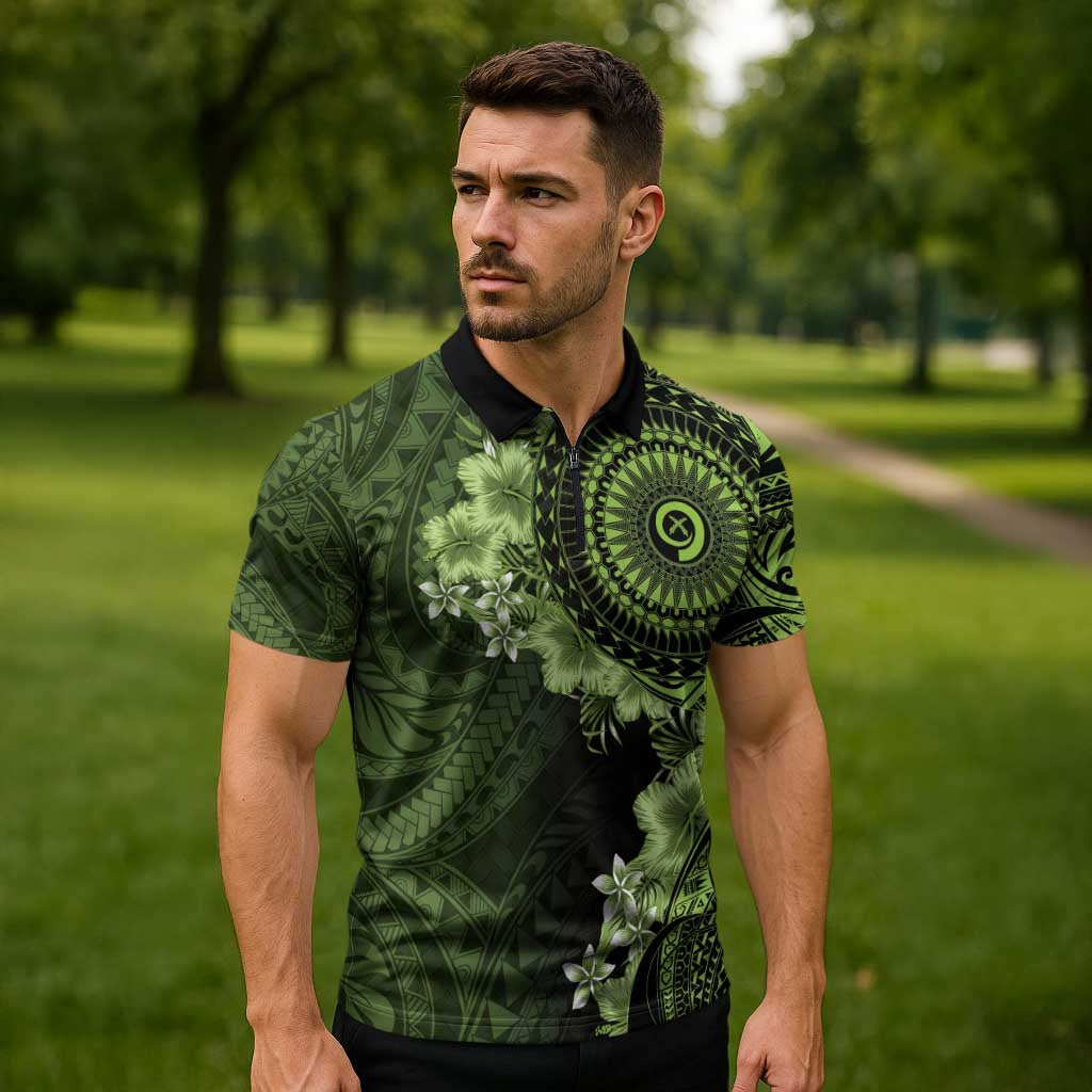 Vanuatu Zipper Polo Shirt Hibisus Polynesian Pattern Green LT14 - Polynesian Pride
