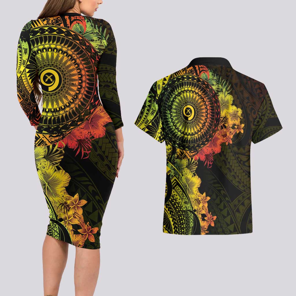 Vanuatu Couples Matching Long Sleeve Bodycon Dress and Hawaiian Shirt Hibisus Polynesian Pattern Reggae LT14 - Polynesian Pride