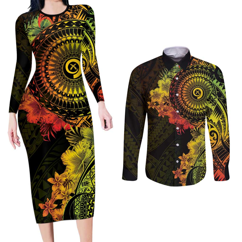 Vanuatu Couples Matching Long Sleeve Bodycon Dress and Long Sleeve Button Shirt Hibisus Polynesian Pattern Reggae LT14 Reggae - Polynesian Pride