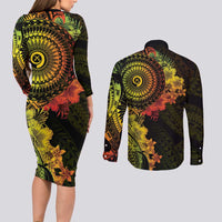 Vanuatu Couples Matching Long Sleeve Bodycon Dress and Long Sleeve Button Shirt Hibisus Polynesian Pattern Reggae LT14 - Polynesian Pride