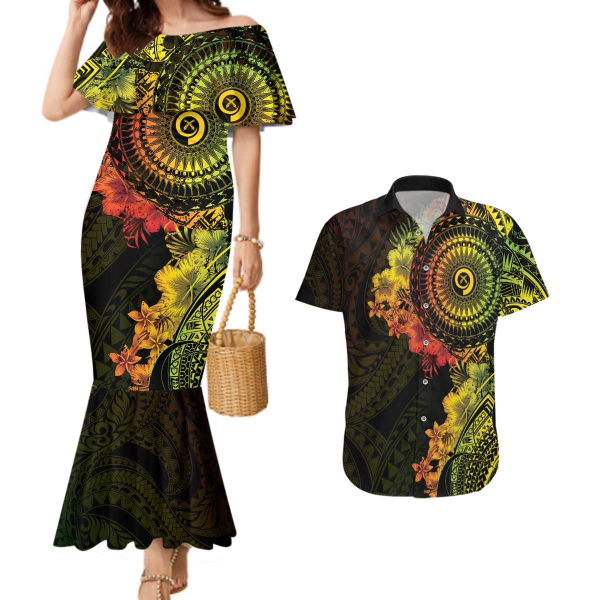 Vanuatu Couples Matching Mermaid Dress and Hawaiian Shirt Hibisus Polynesian Pattern Reggae LT14 Reggae - Polynesian Pride