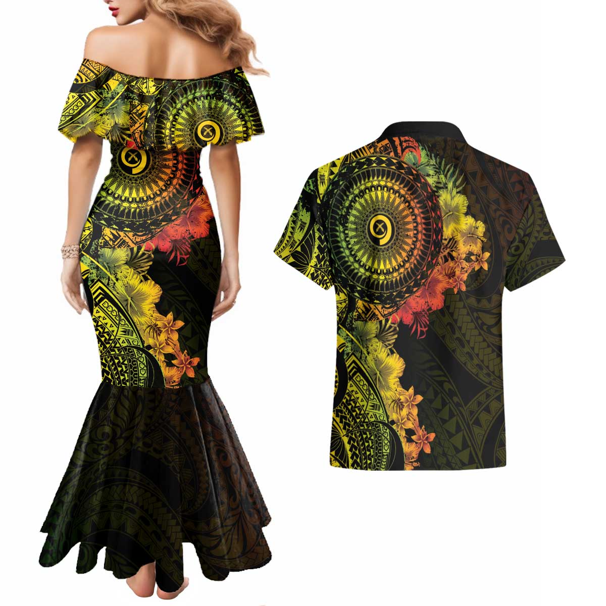 Vanuatu Couples Matching Mermaid Dress and Hawaiian Shirt Hibisus Polynesian Pattern Reggae LT14 - Polynesian Pride