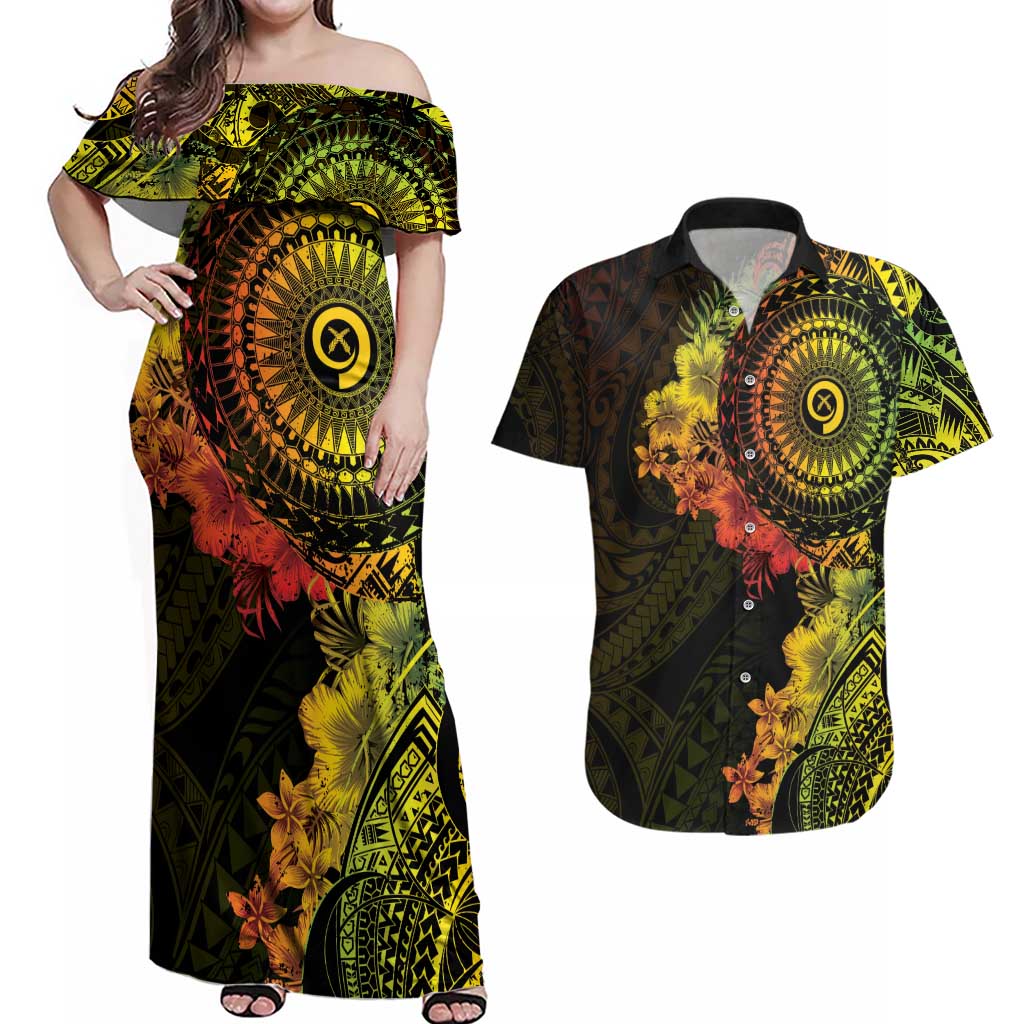 Vanuatu Couples Matching Off Shoulder Maxi Dress and Hawaiian Shirt Hibisus Polynesian Pattern Reggae LT14 Reggae - Polynesian Pride
