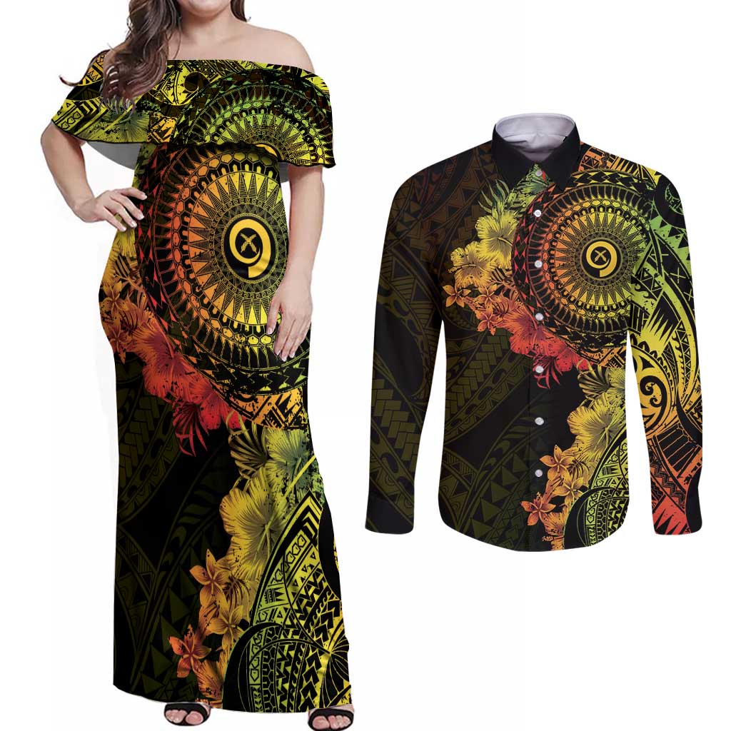 Vanuatu Couples Matching Off Shoulder Maxi Dress and Long Sleeve Button Shirt Hibisus Polynesian Pattern Reggae LT14 Reggae - Polynesian Pride