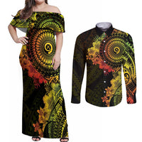 Vanuatu Couples Matching Off Shoulder Maxi Dress and Long Sleeve Button Shirt Hibisus Polynesian Pattern Reggae LT14 Reggae - Polynesian Pride
