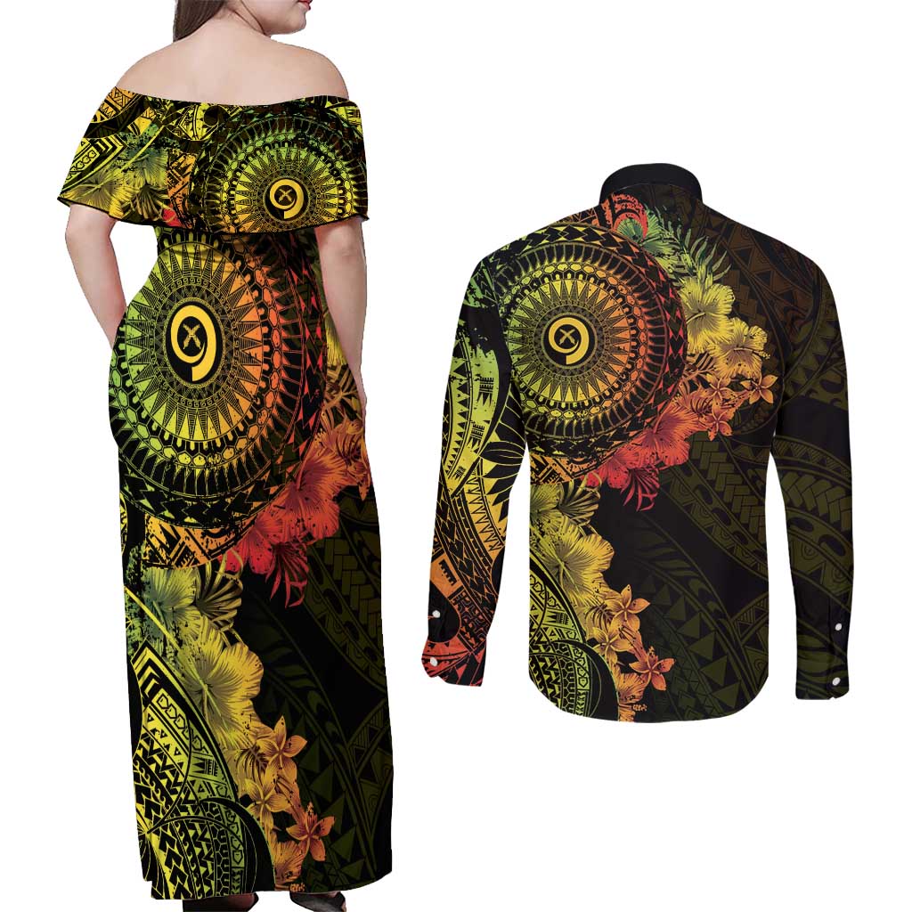 Vanuatu Couples Matching Off Shoulder Maxi Dress and Long Sleeve Button Shirt Hibisus Polynesian Pattern Reggae LT14 - Polynesian Pride