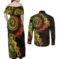 Vanuatu Couples Matching Off Shoulder Maxi Dress and Long Sleeve Button Shirt Hibisus Polynesian Pattern Reggae LT14 - Polynesian Pride