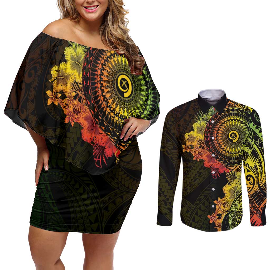 Vanuatu Couples Matching Off Shoulder Short Dress and Long Sleeve Button Shirt Hibisus Polynesian Pattern Reggae LT14 Reggae - Polynesian Pride