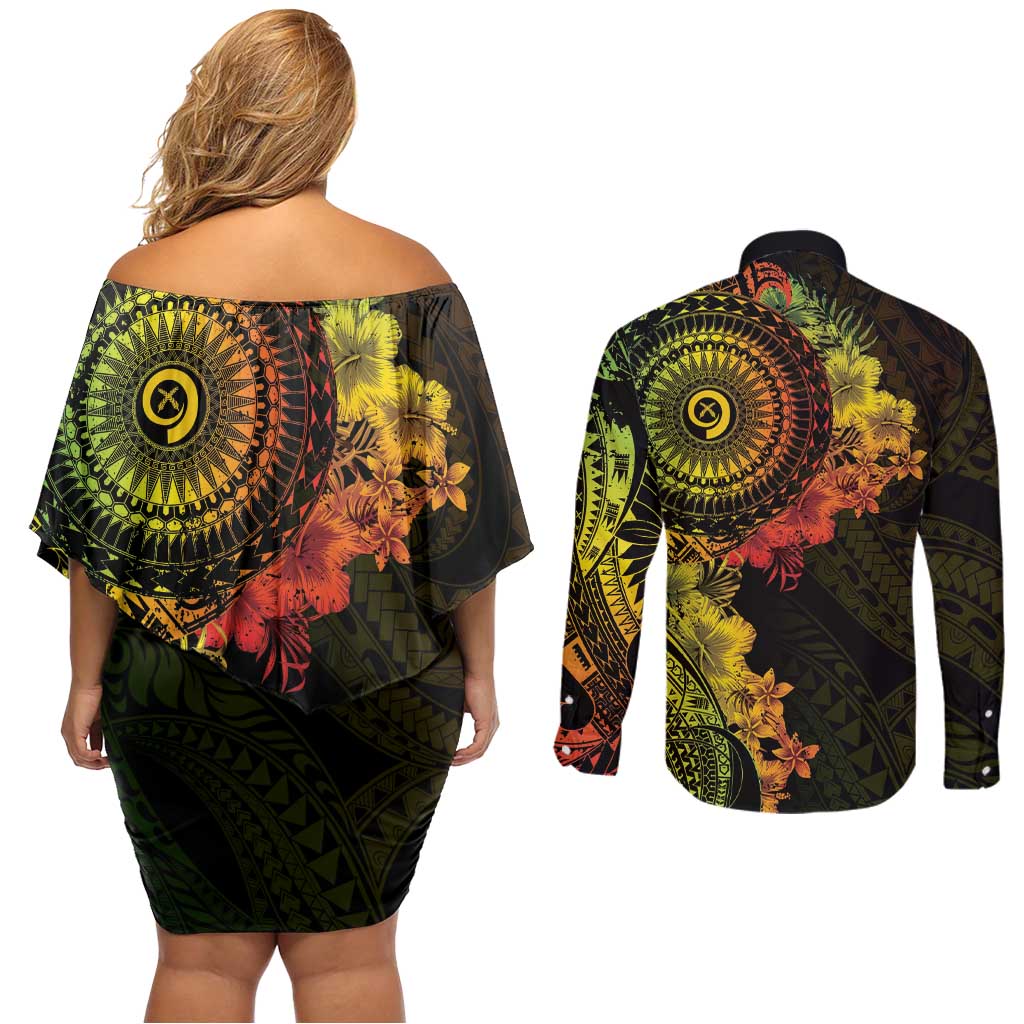 Vanuatu Couples Matching Off Shoulder Short Dress and Long Sleeve Button Shirt Hibisus Polynesian Pattern Reggae LT14 - Polynesian Pride