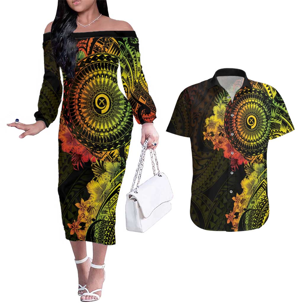 Vanuatu Couples Matching Off The Shoulder Long Sleeve Dress and Hawaiian Shirt Hibisus Polynesian Pattern Reggae LT14 Reggae - Polynesian Pride