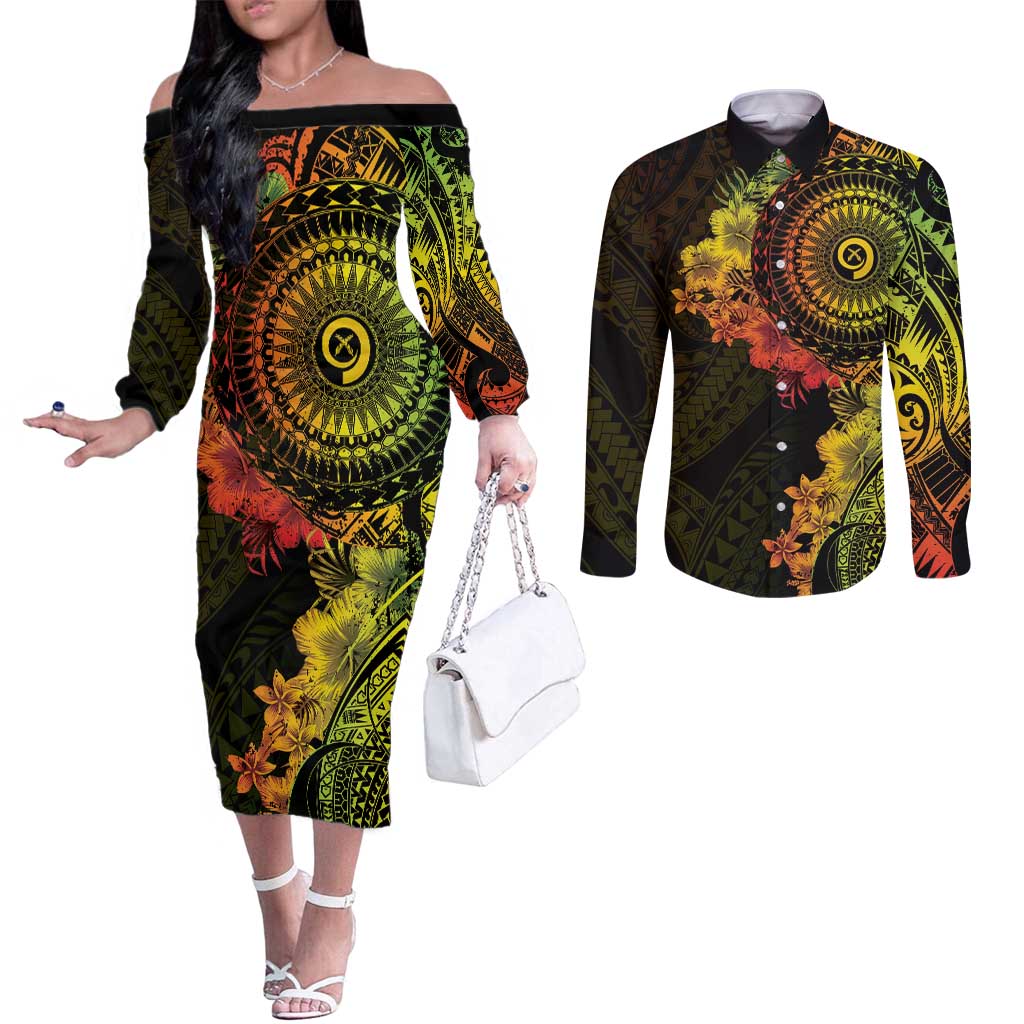 Vanuatu Couples Matching Off The Shoulder Long Sleeve Dress and Long Sleeve Button Shirt Hibisus Polynesian Pattern Reggae LT14 Reggae - Polynesian Pride