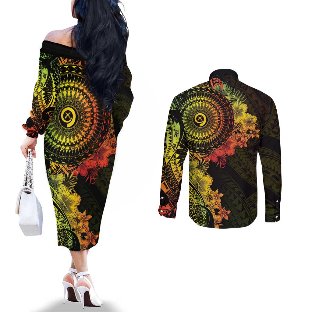 Vanuatu Couples Matching Off The Shoulder Long Sleeve Dress and Long Sleeve Button Shirt Hibisus Polynesian Pattern Reggae LT14 - Polynesian Pride