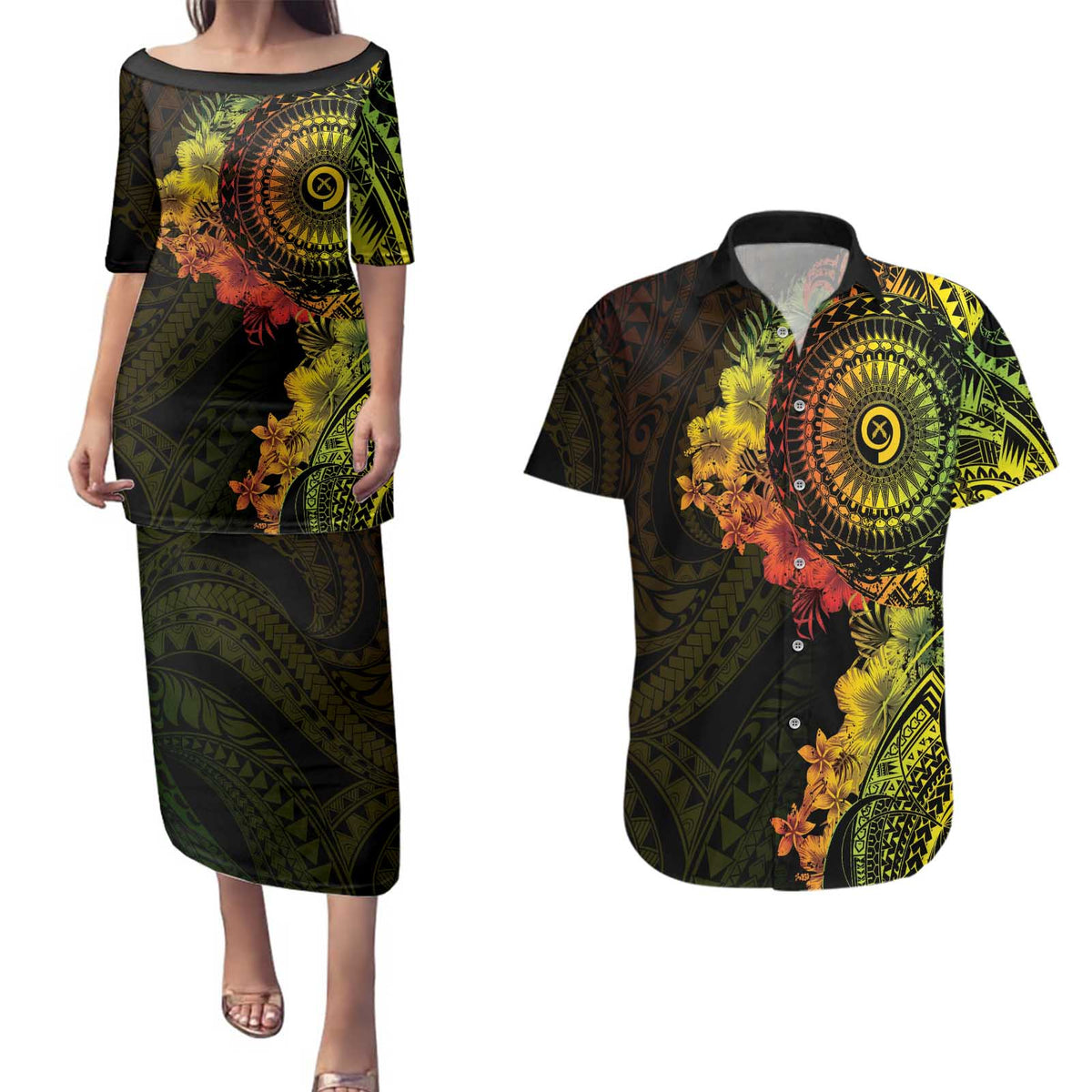 Vanuatu Couples Matching Puletasi and Hawaiian Shirt Hibisus Polynesian Pattern Reggae LT14 Reggae - Polynesian Pride