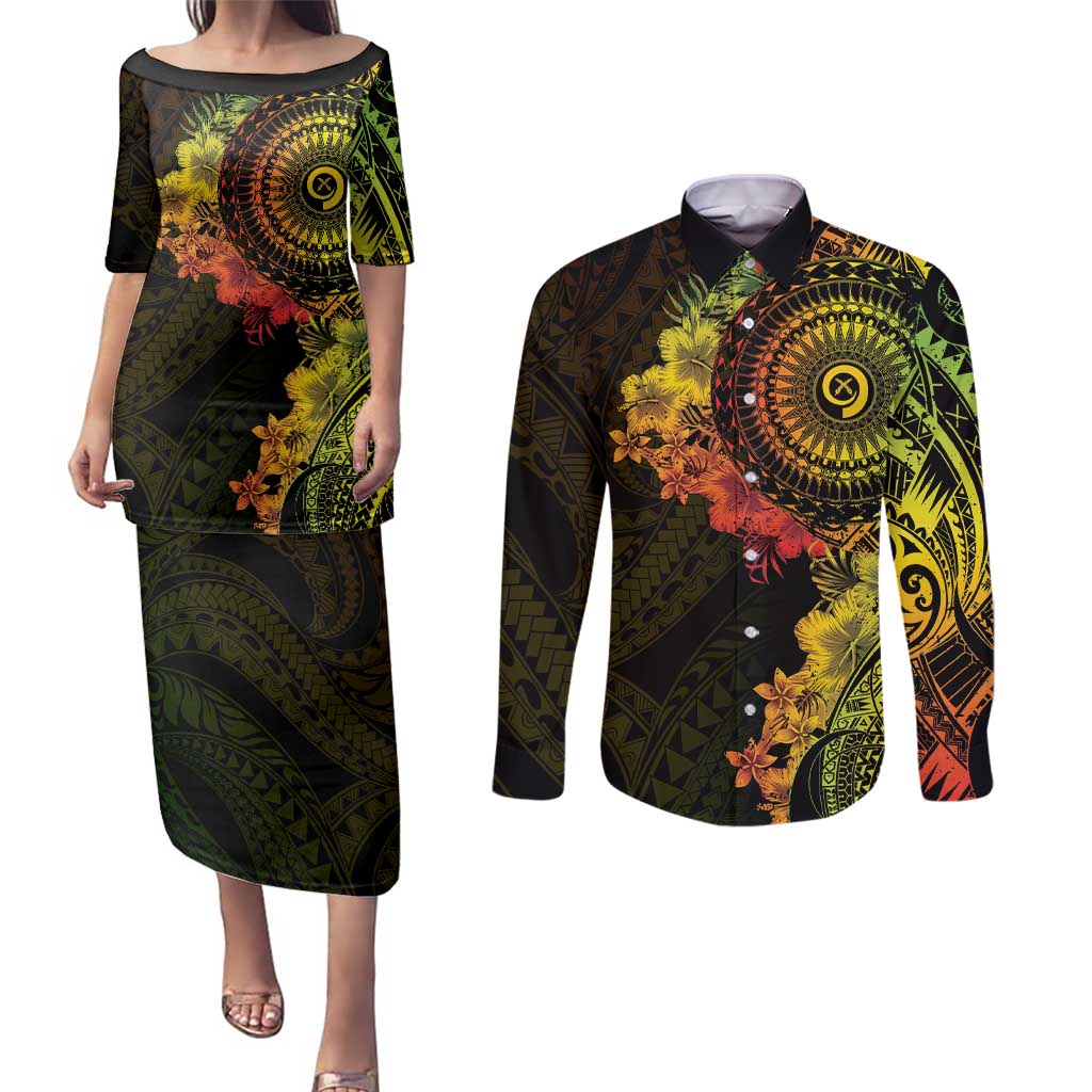 Vanuatu Couples Matching Puletasi and Long Sleeve Button Shirt Hibisus Polynesian Pattern Reggae LT14 Reggae - Polynesian Pride