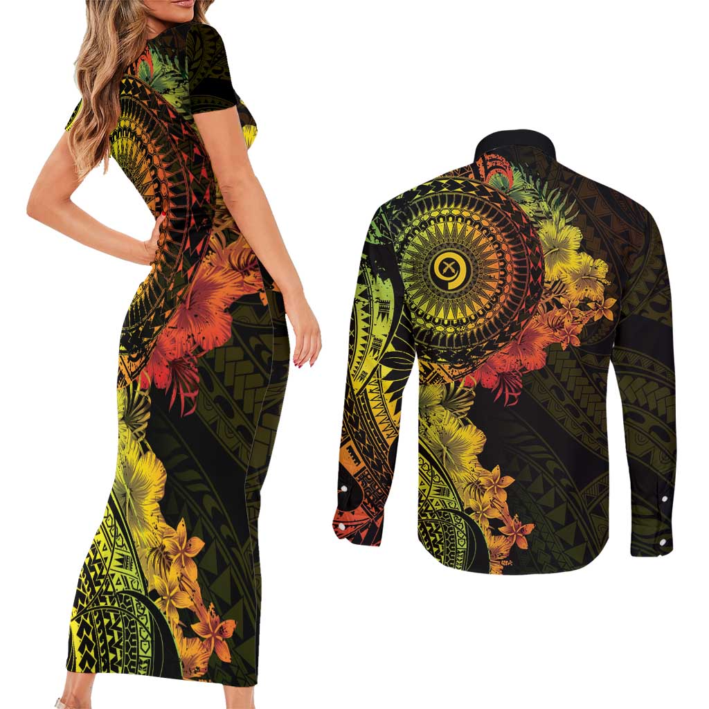 Vanuatu Couples Matching Short Sleeve Bodycon Dress and Long Sleeve Button Shirt Hibisus Polynesian Pattern Reggae LT14 - Polynesian Pride