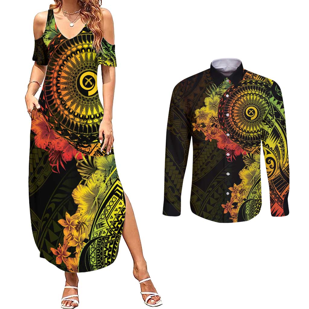 Vanuatu Couples Matching Summer Maxi Dress and Long Sleeve Button Shirt Hibisus Polynesian Pattern Reggae LT14 Reggae - Polynesian Pride