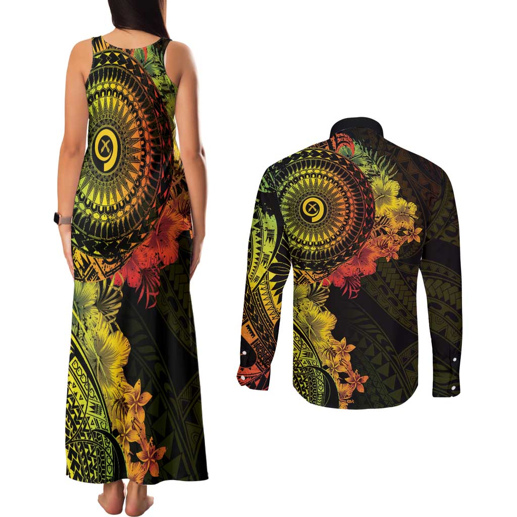 Vanuatu Couples Matching Tank Maxi Dress and Long Sleeve Button Shirt Hibisus Polynesian Pattern Reggae LT14 - Polynesian Pride