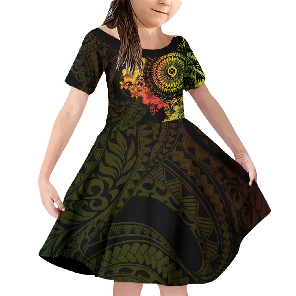 Vanuatu Family Matching Off Shoulder Short Dress and Hawaiian Shirt Hibisus Polynesian Pattern Reggae LT14 Daughter's Dress Reggae - Polynesian Pride