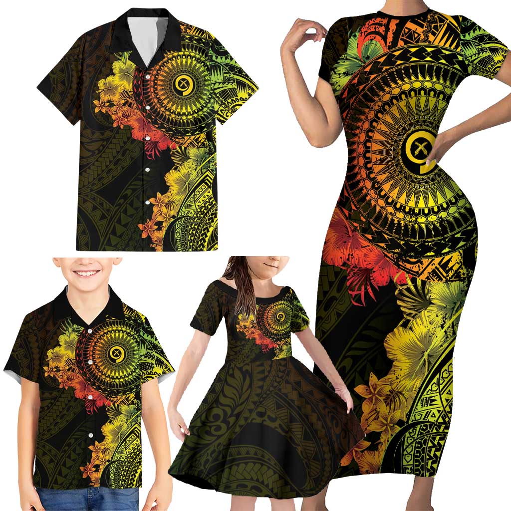 Vanuatu Family Matching Short Sleeve Bodycon Dress and Hawaiian Shirt Hibisus Polynesian Pattern Reggae LT14 - Polynesian Pride