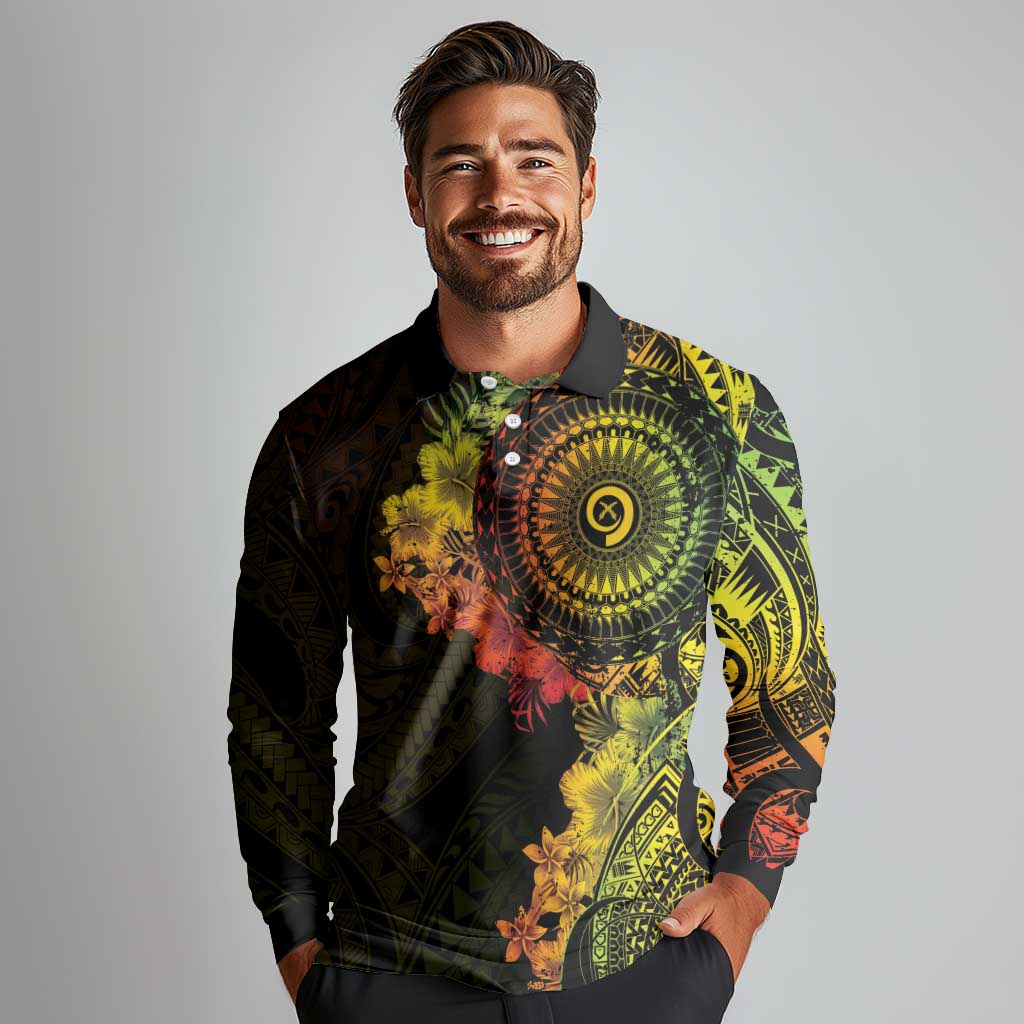 Vanuatu Long Sleeve Polo Shirt Hibisus Polynesian Pattern Reggae - Polynesian Pride