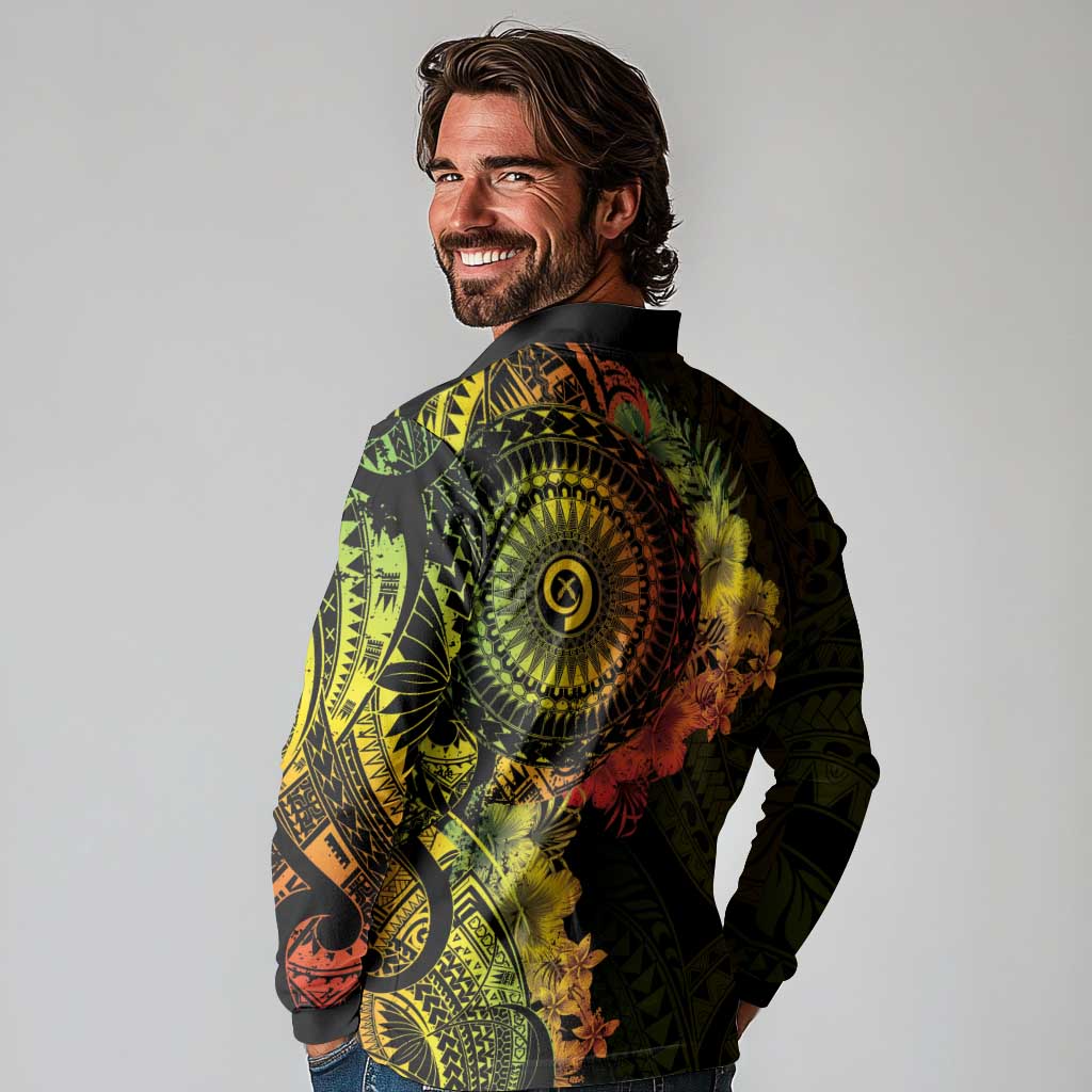 Vanuatu Long Sleeve Polo Shirt Hibisus Polynesian Pattern Reggae - Polynesian Pride