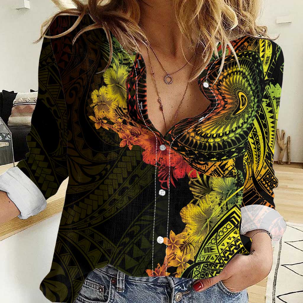 Vanuatu Women Casual Shirt Hibisus Polynesian Pattern Reggae - Polynesian Pride