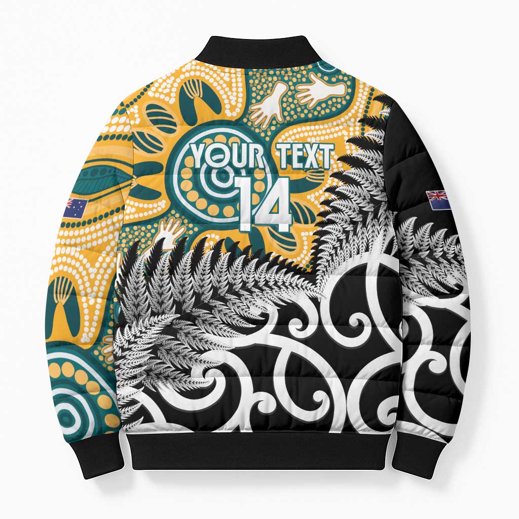 New Zealand Australia Rugby Custom Bomber Puffer Jacket Wallabies Aboriginal All Black Maori Tiki Together - Polynesian Pride