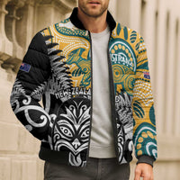 New Zealand Australia Rugby Custom Bomber Puffer Jacket Wallabies Aboriginal All Black Maori Tiki Together - Polynesian Pride