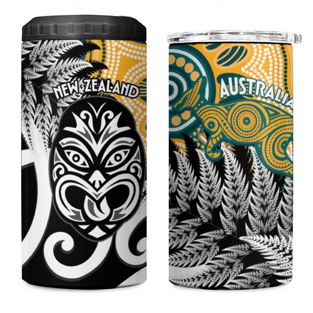 New Zealand Australia Rugby 4 in 1 Can Cooler Tumbler Wallabies Aboriginal All Black Maori Tiki Together - Polynesian Pride