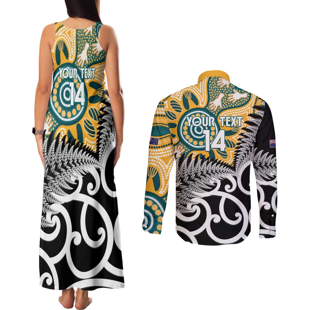 New Zealand Australia Rugby Custom Couples Matching Tank Maxi Dress and Long Sleeve Button Shirt Wallabies Aboriginal All Black Maori Tiki Together - Polynesian Pride