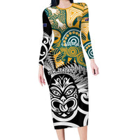 New Zealand Australia Rugby Custom Family Matching Long Sleeve Bodycon Dress and Hawaiian Shirt Wallabies Aboriginal All Black Maori Tiki Together - Polynesian Pride