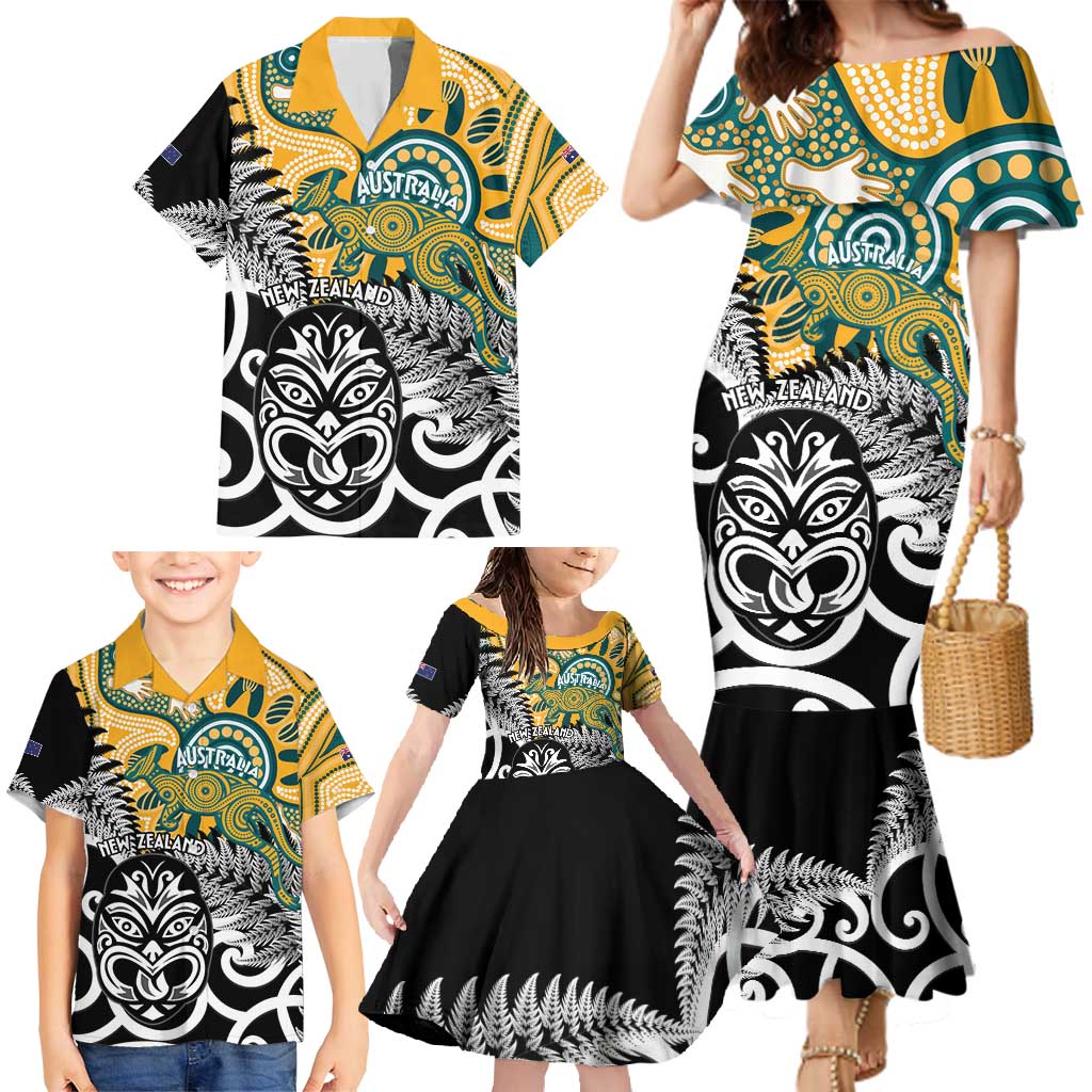 New Zealand Australia Rugby Custom Family Matching Mermaid Dress and Hawaiian Shirt Wallabies Aboriginal All Black Maori Tiki Together - Polynesian Pride