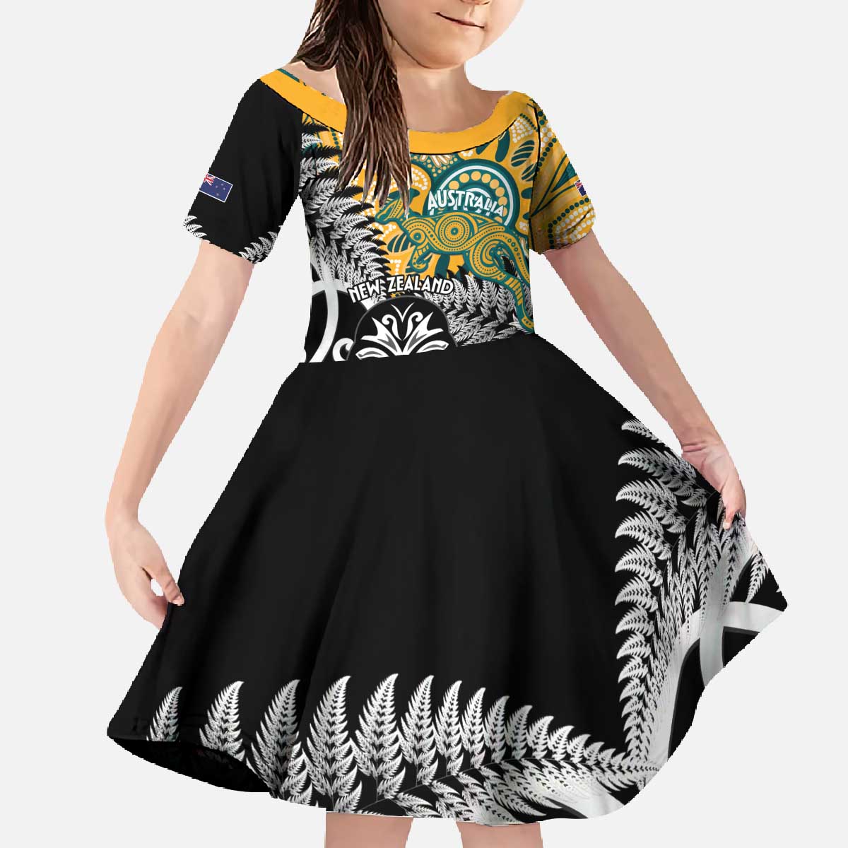 New Zealand Australia Rugby Custom Family Matching Off The Shoulder Long Sleeve Dress and Hawaiian Shirt Wallabies Aboriginal All Black Maori Tiki Together - Polynesian Pride