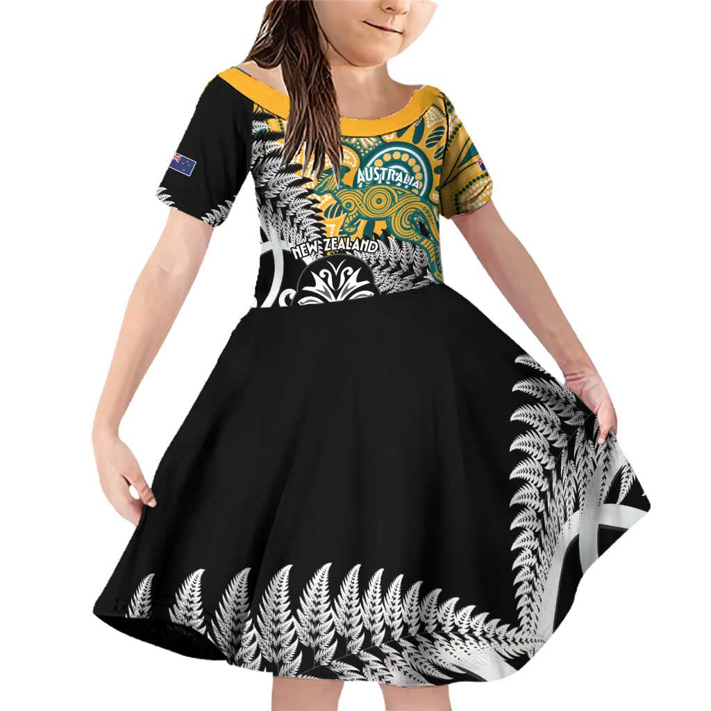 New Zealand Australia Rugby Custom Family Matching Off Shoulder Short Dress and Hawaiian Shirt Wallabies Aboriginal All Black Maori Tiki Together - Polynesian Pride