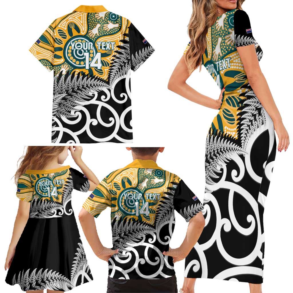 New Zealand Australia Rugby Custom Family Matching Short Sleeve Bodycon Dress and Hawaiian Shirt Wallabies Aboriginal All Black Maori Tiki Together - Polynesian Pride
