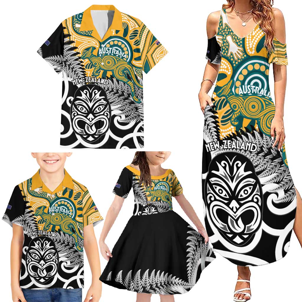 New Zealand Australia Rugby Custom Family Matching Summer Maxi Dress and Hawaiian Shirt Wallabies Aboriginal All Black Maori Tiki Together - Polynesian Pride