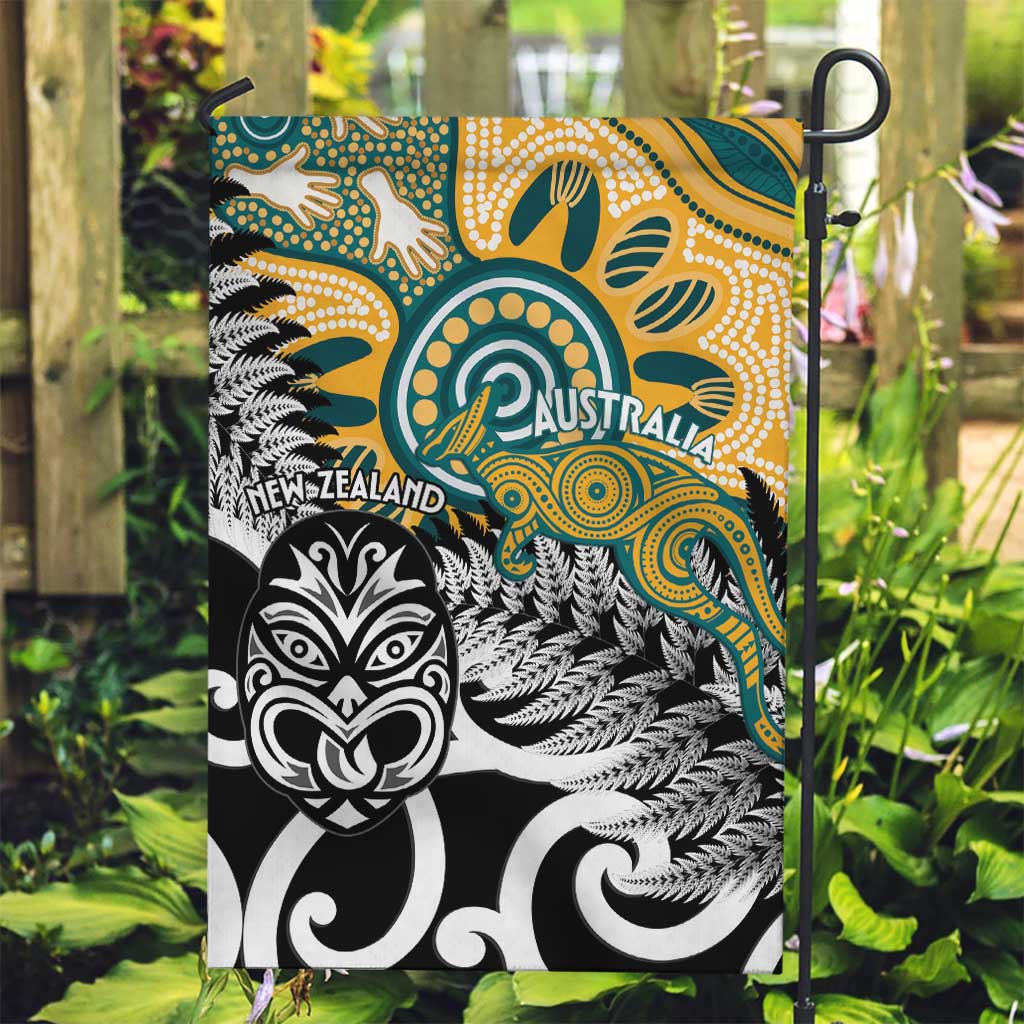 New Zealand Australia Rugby Garden Flag Wallabies Aboriginal All Black Maori Tiki Together - Polynesian Pride