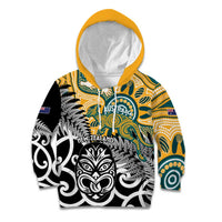 New Zealand Australia Rugby Custom Kid Hoodie Wallabies Aboriginal All Black Maori Tiki Together - Polynesian Pride