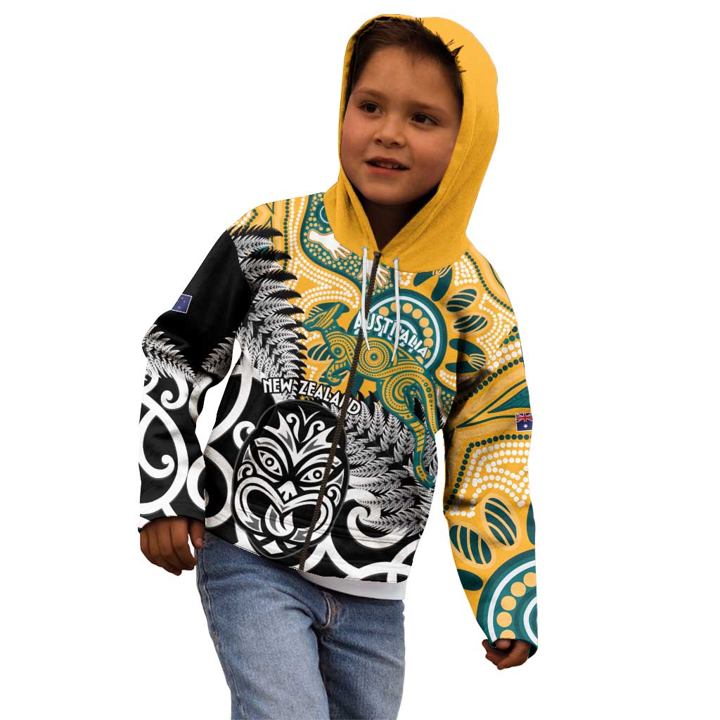 New Zealand Australia Rugby Custom Kid Hoodie Wallabies Aboriginal All Black Maori Tiki Together - Polynesian Pride