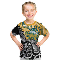 New Zealand Australia Rugby Custom Kid T Shirt Wallabies Aboriginal All Black Maori Tiki Together - Polynesian Pride