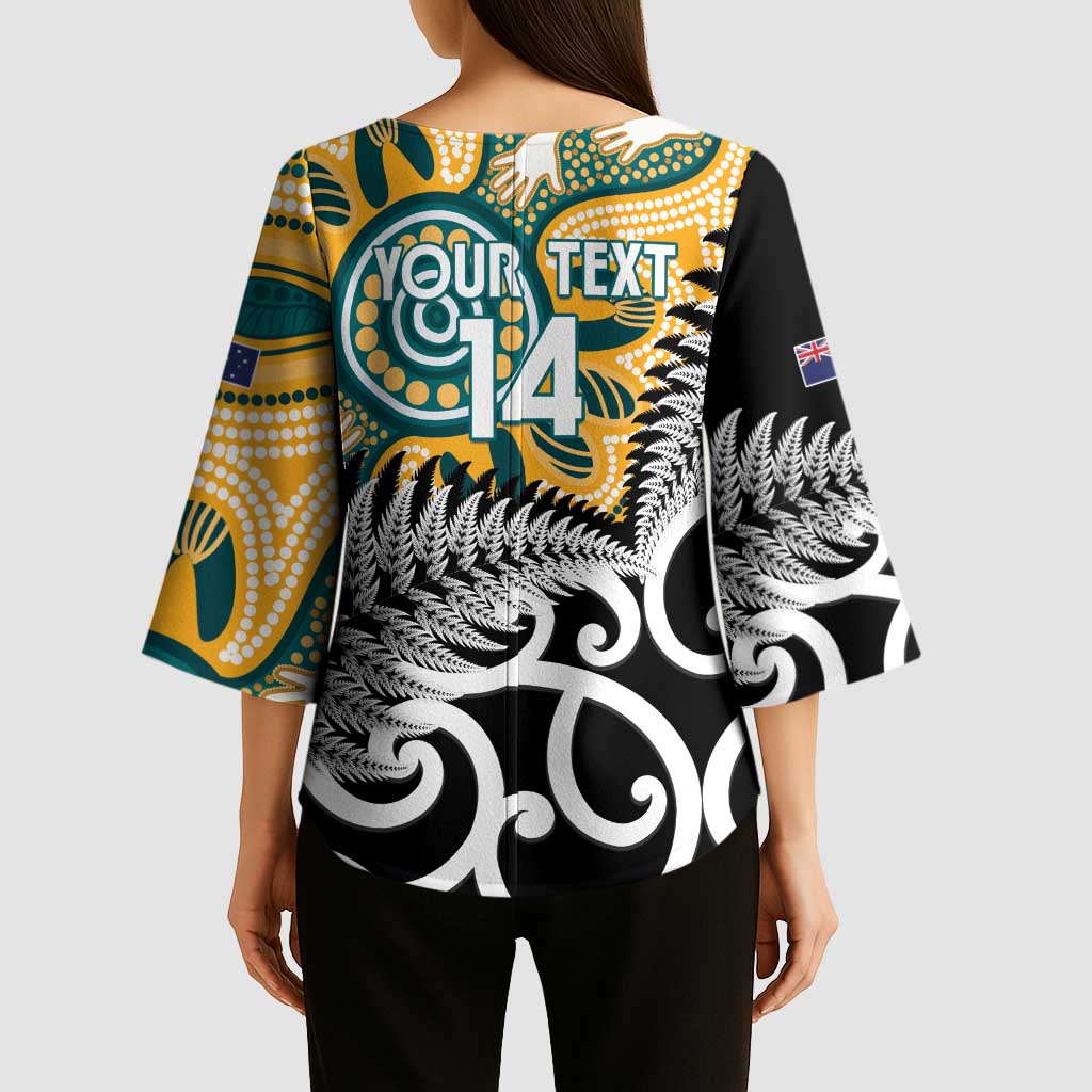 New Zealand Australia Rugby Custom Kimono Sleeve Blouse Wallabies Aboriginal All Black Maori Tiki Together - Polynesian Pride