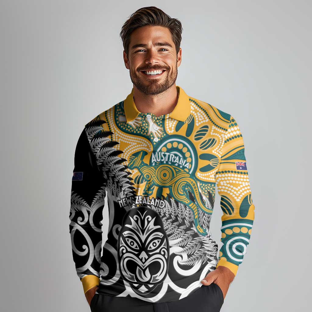 New Zealand Australia Rugby Custom Long Sleeve Polo Shirt Wallabies Aboriginal All Black Maori Tiki Together - Polynesian Pride