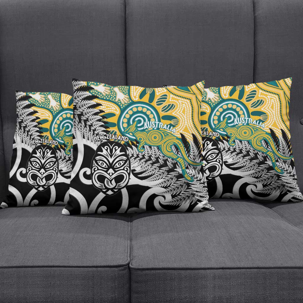 New Zealand Australia Rugby Pillow Cover Wallabies Aboriginal All Black Maori Tiki Together - Polynesian Pride