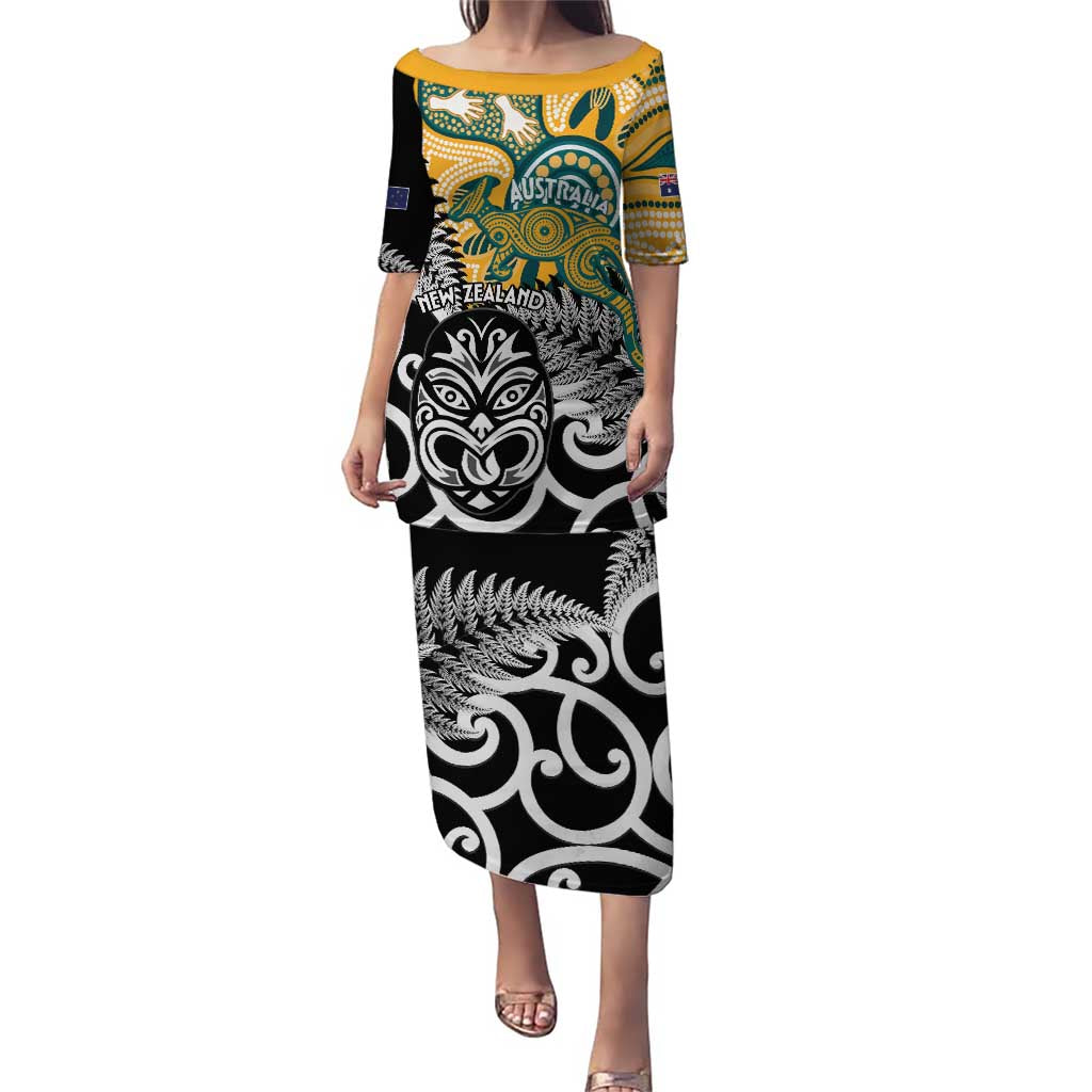 New Zealand Australia Rugby Custom Puletasi Wallabies Aboriginal All Black Maori Tiki Together - Polynesian Pride