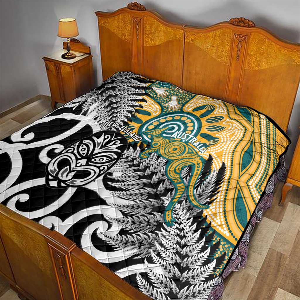 New Zealand Australia Rugby Quilt Wallabies Aboriginal All Black Maori Tiki Together - Polynesian Pride