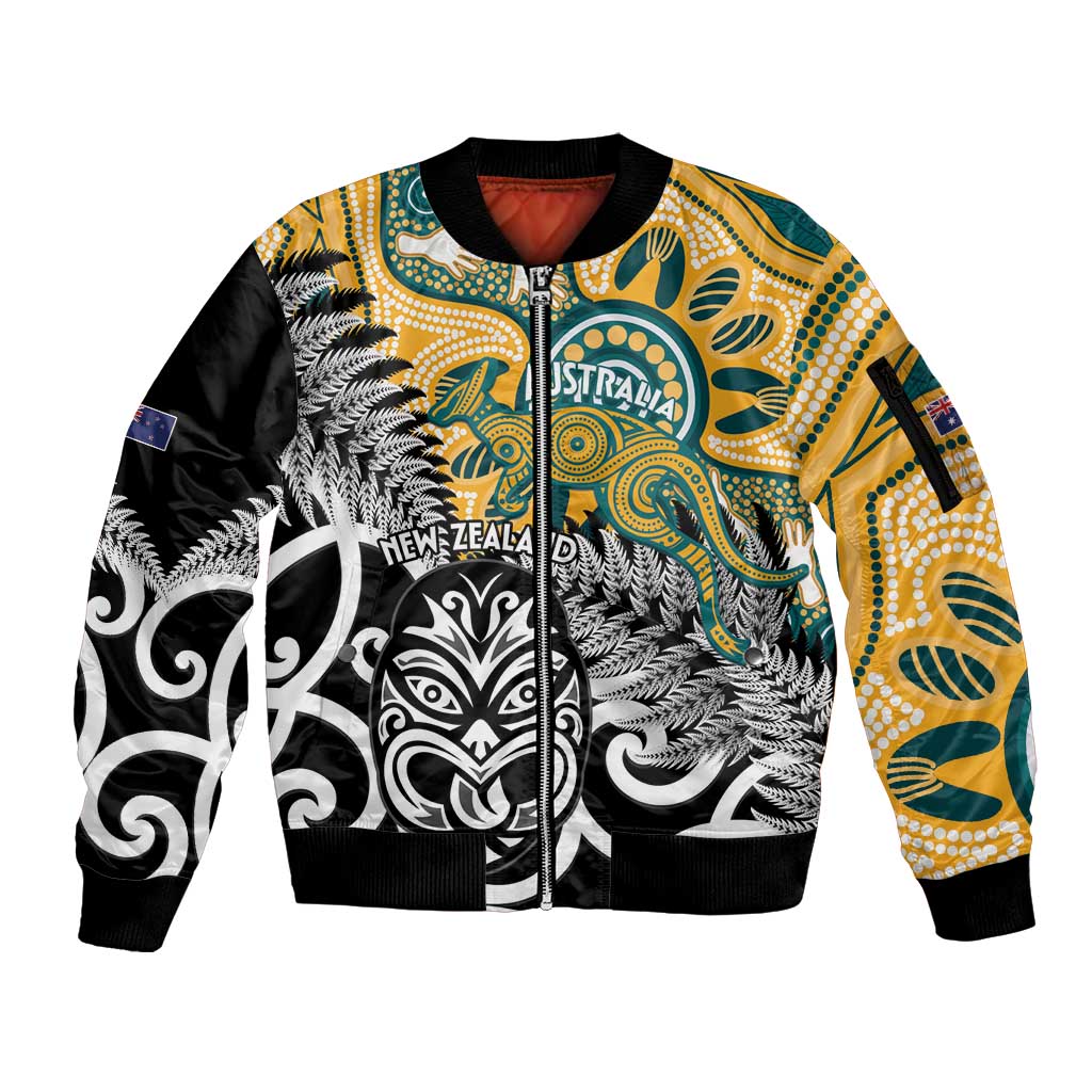 New Zealand Australia Rugby Custom Sleeve Zip Bomber Jacket Wallabies Aboriginal All Black Maori Tiki Together - Polynesian Pride