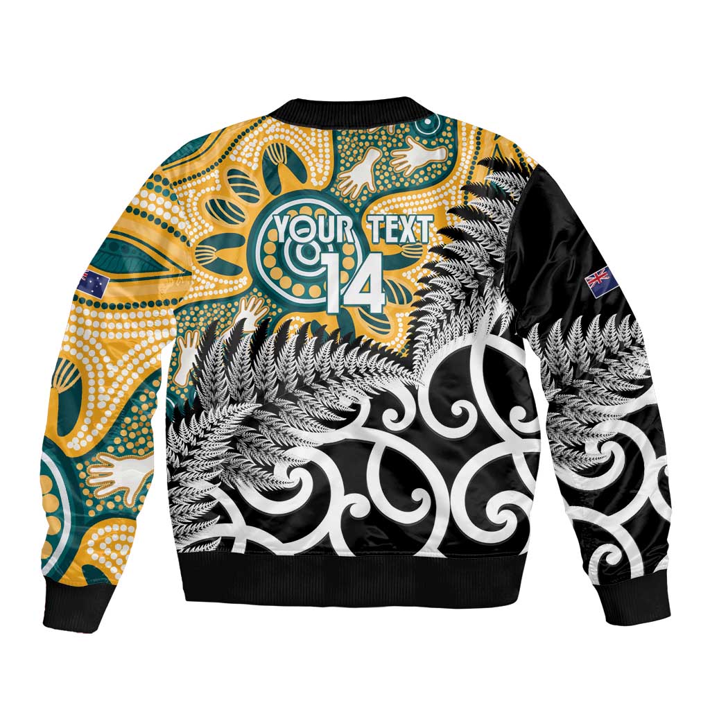New Zealand Australia Rugby Custom Sleeve Zip Bomber Jacket Wallabies Aboriginal All Black Maori Tiki Together - Polynesian Pride