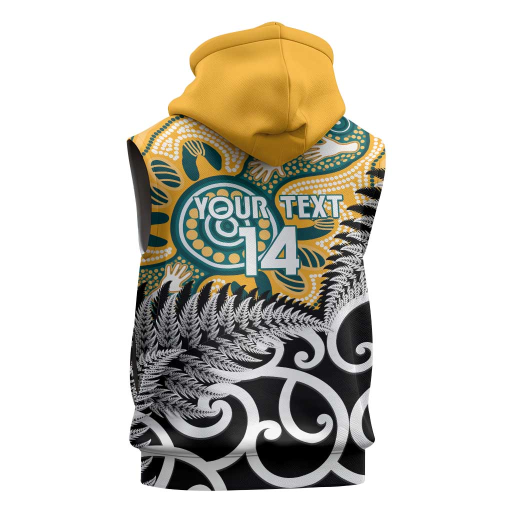 New Zealand Australia Rugby Custom Sleeveless Hoodie Wallabies Aboriginal All Black Maori Tiki Together - Polynesian Pride