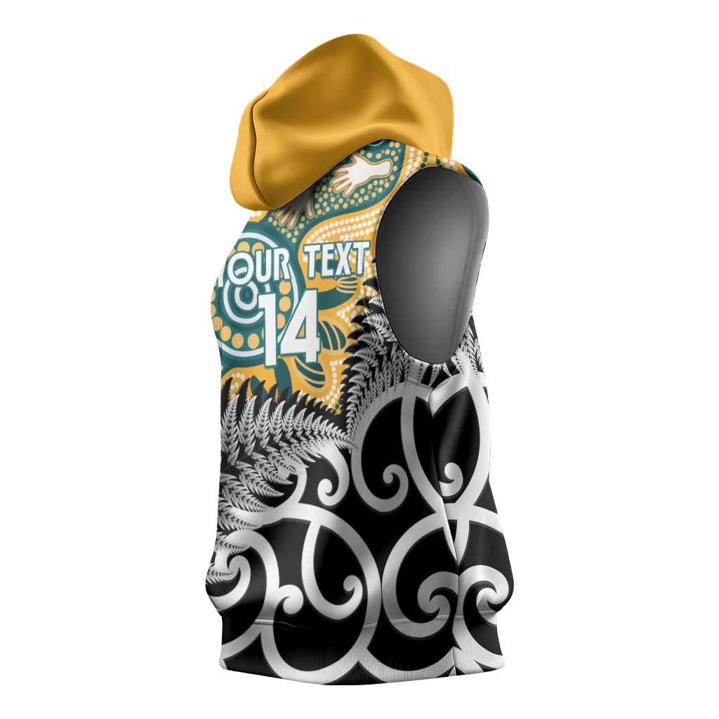New Zealand Australia Rugby Custom Sleeveless Hoodie Wallabies Aboriginal All Black Maori Tiki Together - Polynesian Pride