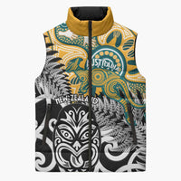 New Zealand Australia Rugby Custom Sleeveless Puffer Jacket Wallabies Aboriginal All Black Maori Tiki Together - Polynesian Pride